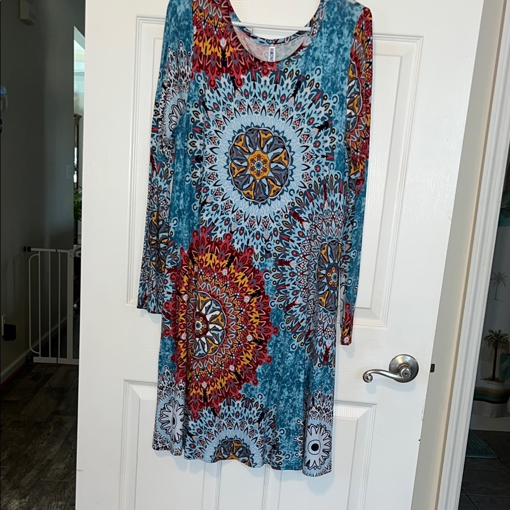 Casual Red and Blue Long Sleeve Sheath Dress with Scoop Neck